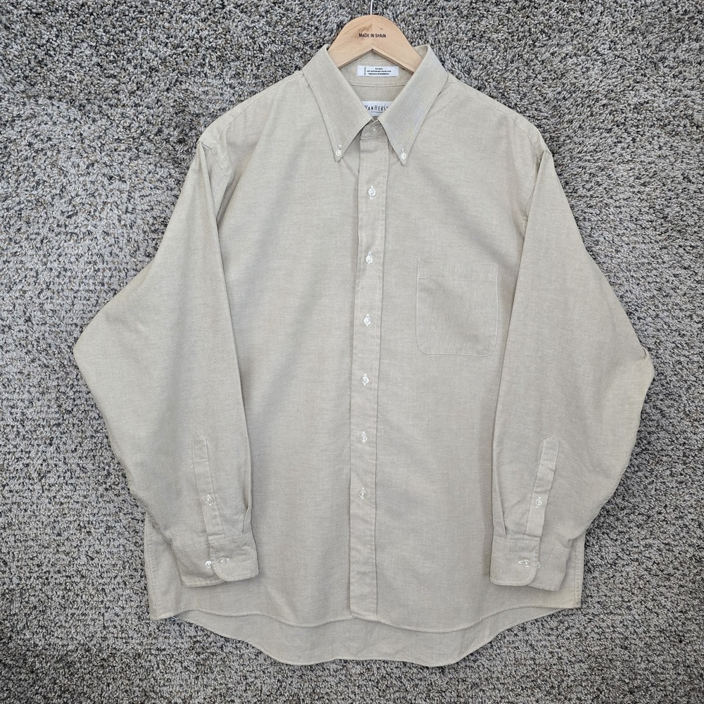 Van Heusen Dress Shirt Mens 17.5 34/35 Beige Oxford Button Down Cotton‎ Blend